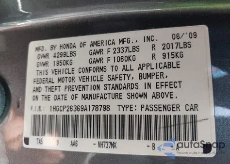 2009 Honda Accord 2.4 Lx из США, поврежденный, VIN 1HGCP26369A178798